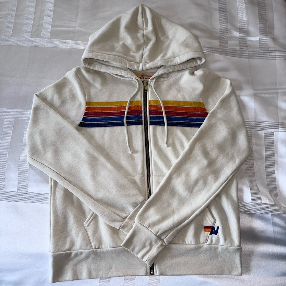 ππ» Aviator Nation Five Stripes white cream colored zip Ip hoodie unisex medium - Picture 2 of 9
